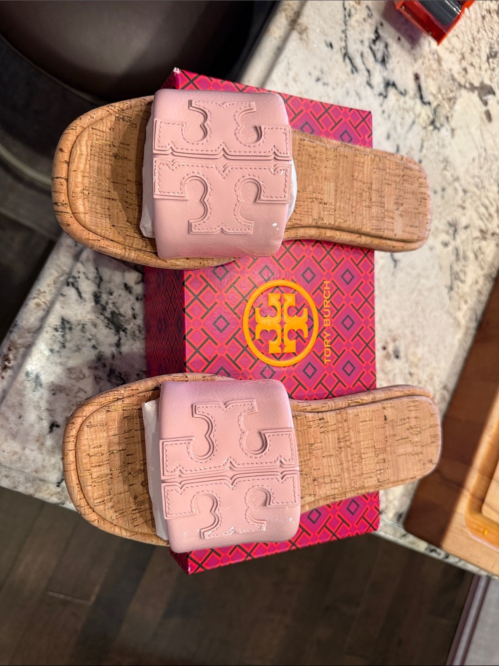 Tory Burch Pink Cork Logo Slide Sandals